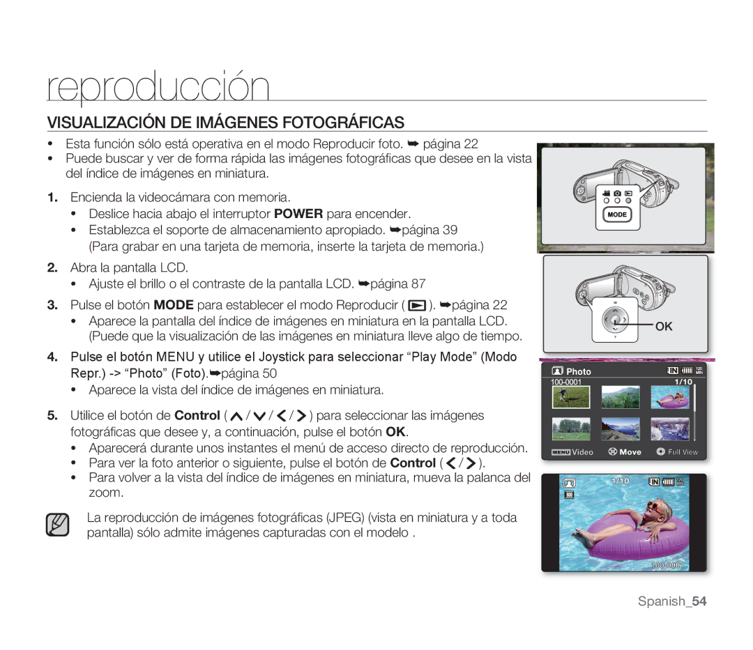 Samsung SMX-F30LP/CAN, SMX-F30SP/EDC, SMX-F30RP/EDC, SMX-F30BP/EDC, SMX-F34BP/EDC manual Visualización DE Imágenes Fotográficas 