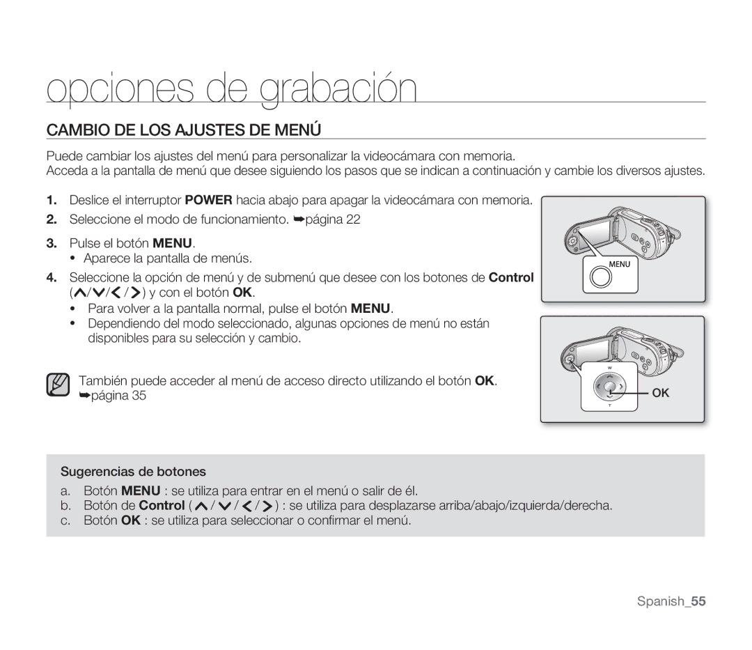 Samsung SMX-F30BP/CAN, SMX-F30SP/EDC, SMX-F30RP/EDC, SMX-F30BP/EDC manual Opciones de grabación, Cambio DE LOS Ajustes DE Menú 