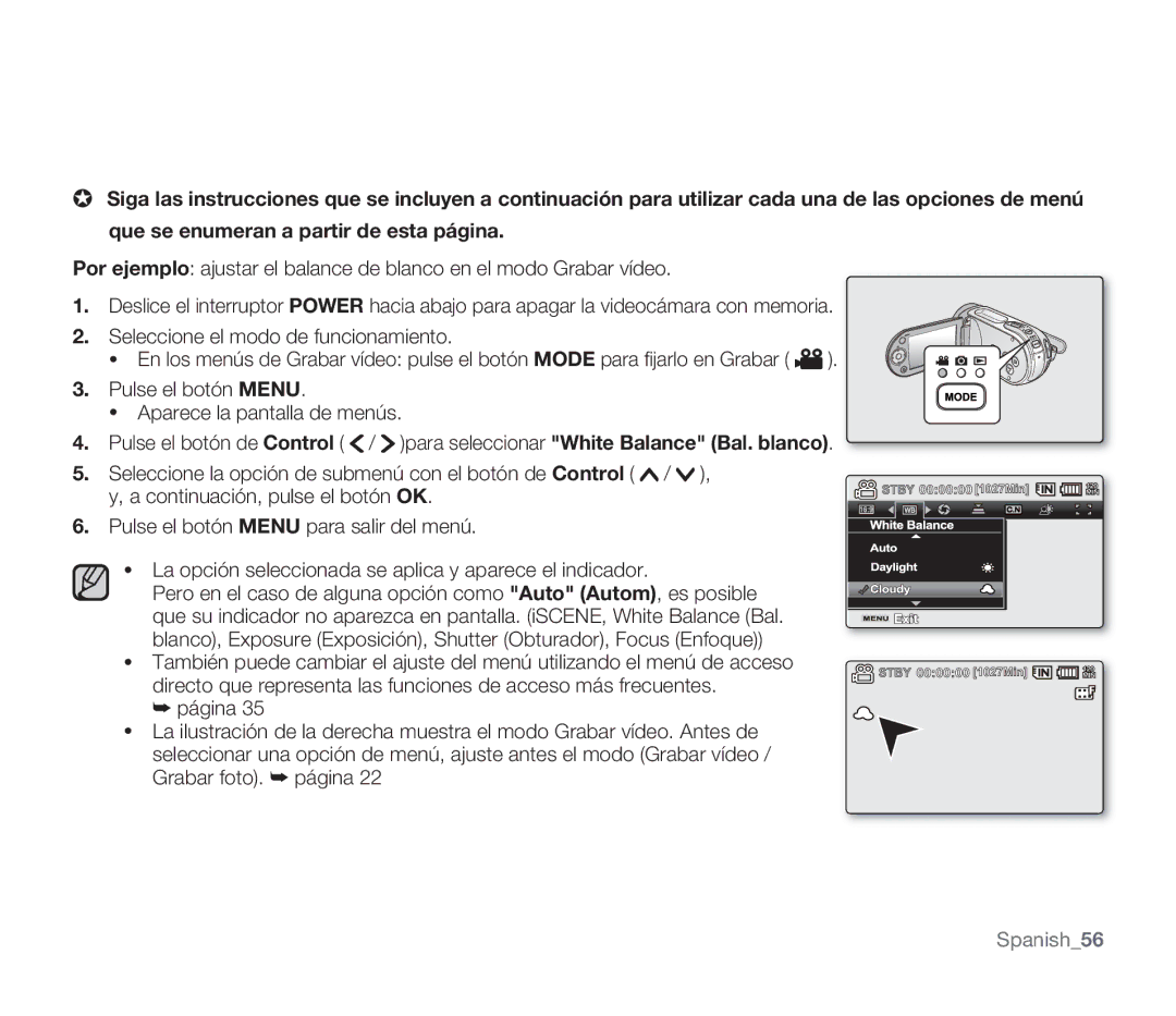 Samsung SMX-F30RP/CAN, SMX-F30SP/EDC, SMX-F30RP/EDC, SMX-F30BP/EDC, SMX-F34BP/EDC manual Seleccione el modo de funcionamiento 