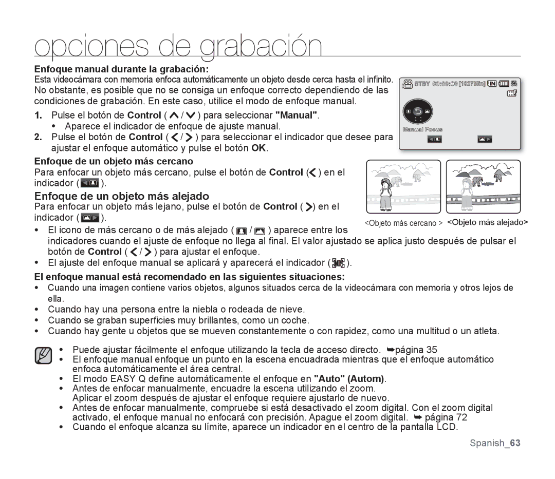 Samsung SMX-F30LP/CAN, SMX-F30SP/EDC, SMX-F30RP/EDC Enfoque de un objeto más alejado, Enfoque manual durante la grabación 