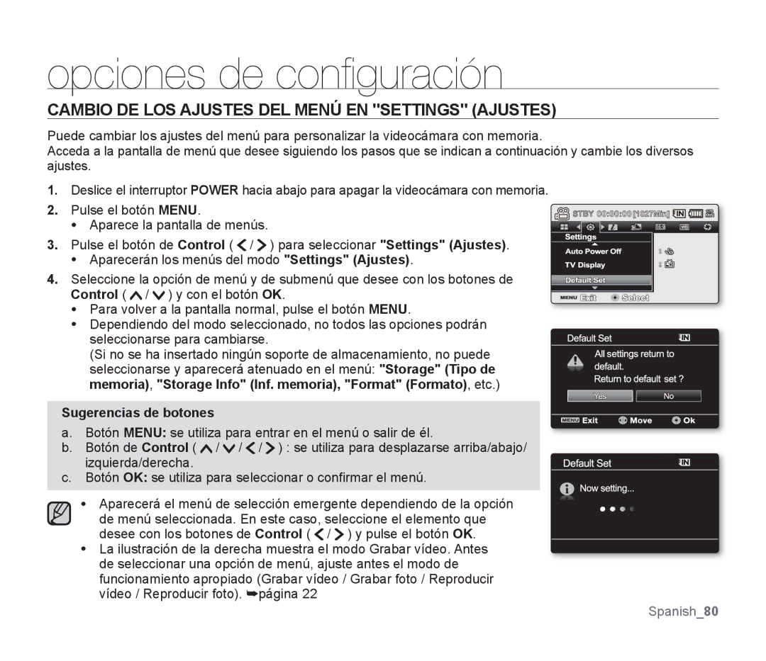 Samsung SMX-F30SP/MEA Opciones de conﬁ guración, Cambio DE LOS Ajustes DEL Menú EN Settings Ajustes, Izquierda/derecha 