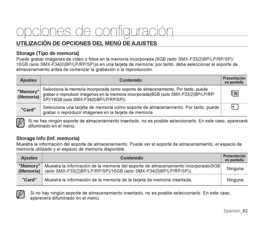 Samsung SMX-F30BP/CAN Utilización DE Opciones DEL Menú DE Ajustes, Storage Tipo de memoria, Storage Info Inf. memoria 