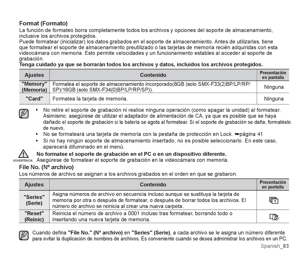 Samsung SMX-F30RP/CAN manual Format Formato, File No. Nº archivo, Número de archivo se reinicia al crear una nueva carpeta 