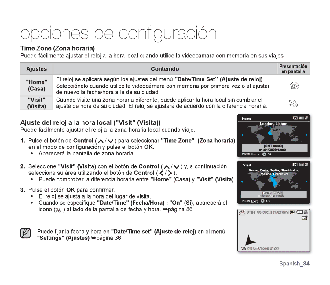Samsung SMX-F30SP/EDC manual Time Zone Zona horaria, Ajuste del reloj a la hora local Visit Visita, Casa, Continuación 