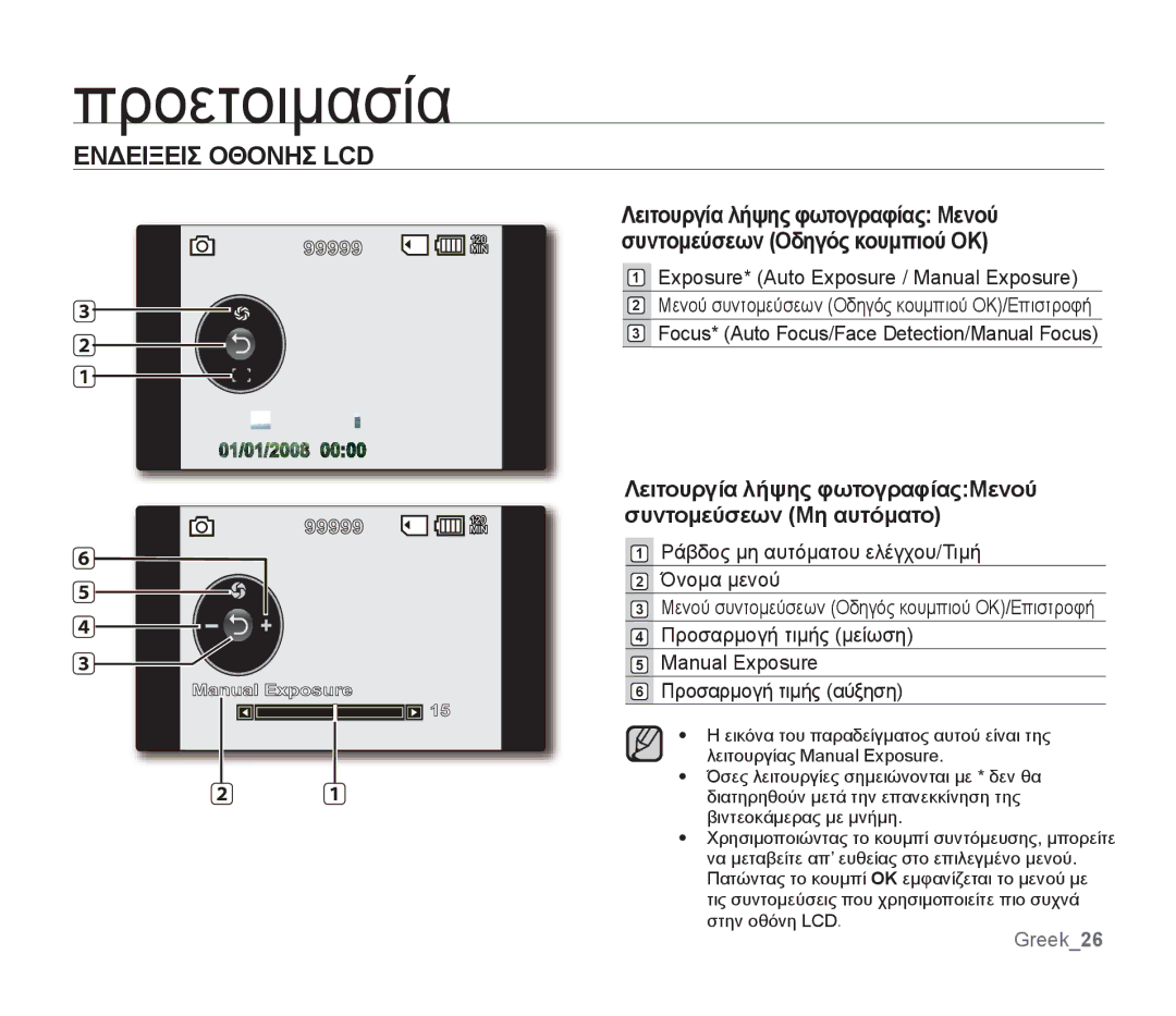 Samsung SMX-F34SP/EDC, SMX-F30SP/EDC, SMX-F30RP/EDC manual Λειτουργία λήψης φωτογραφίαςΜενού συντομεύσεων Μη αυτόματο 