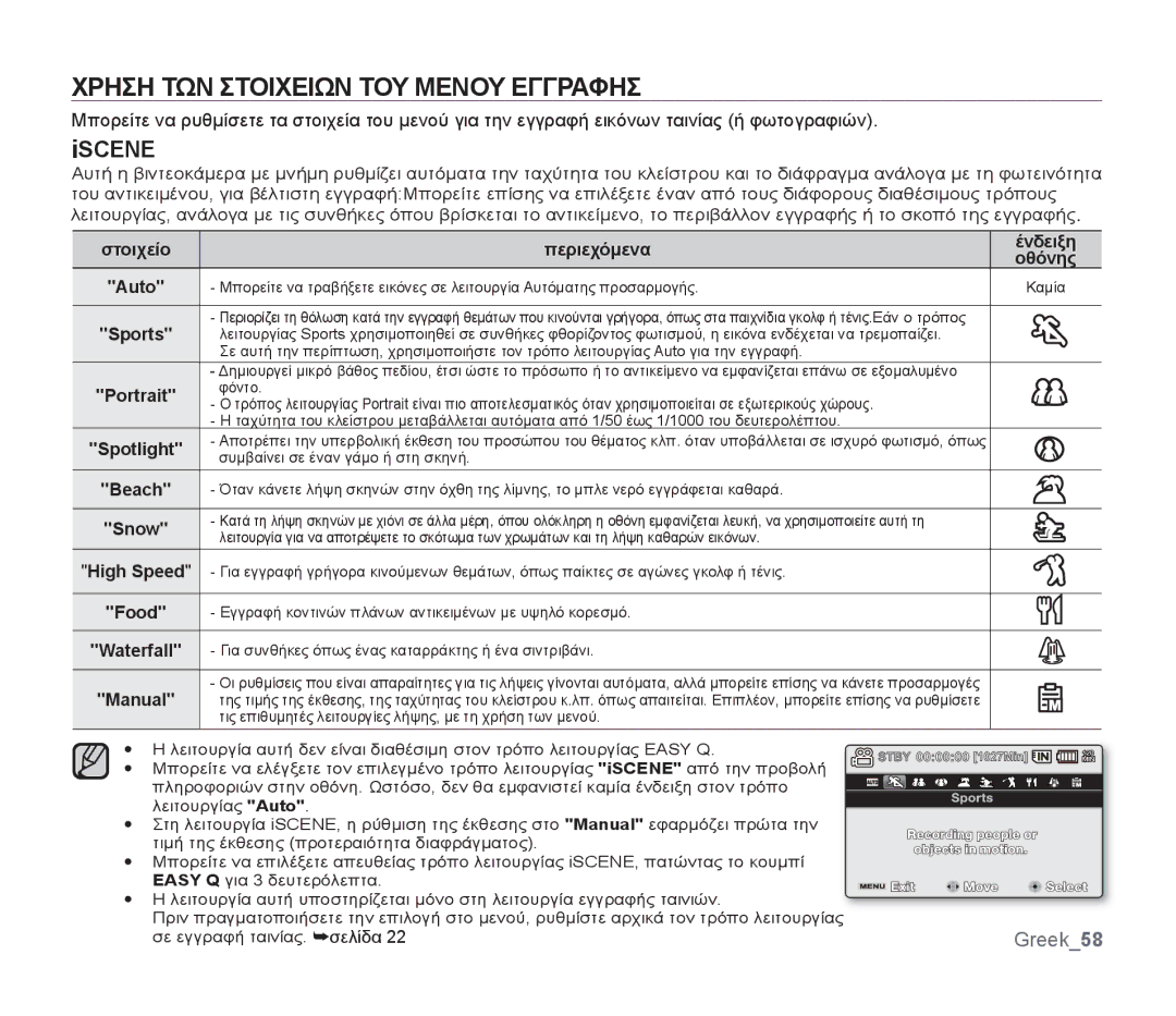 Samsung SMX-F30RP/EDC, SMX-F30SP/EDC, SMX-F30BP/EDC, SMX-F34BP/EDC manual Χρηση ΤΩΝ Στοιχειων ΤΟΥ Μενου Εγγραφησ, Iscene 