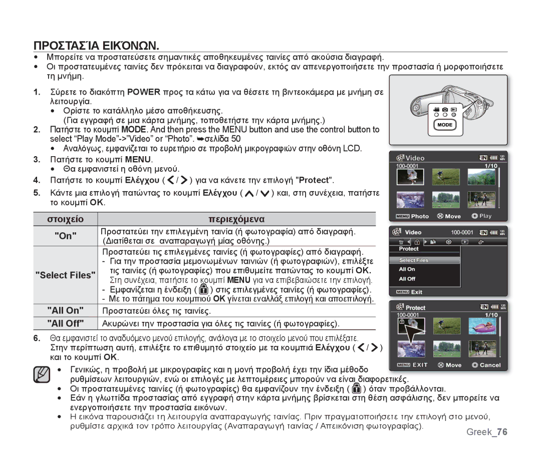 Samsung SMX-F34LP/EDC, SMX-F30SP/EDC, SMX-F30RP/EDC, SMX-F30BP/EDC manual Προστασία Εικόνων, Select Files, All On, All Off 