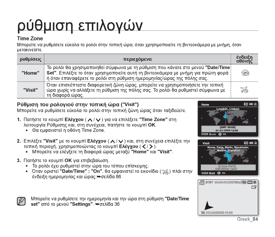 Samsung SMX-F34RP/EDC, SMX-F30SP/EDC, SMX-F30RP/EDC Time Zone, Ρύθμιση του ρολογιού στην τοπική ώρα Visit, Τη διαφορά ώρας 