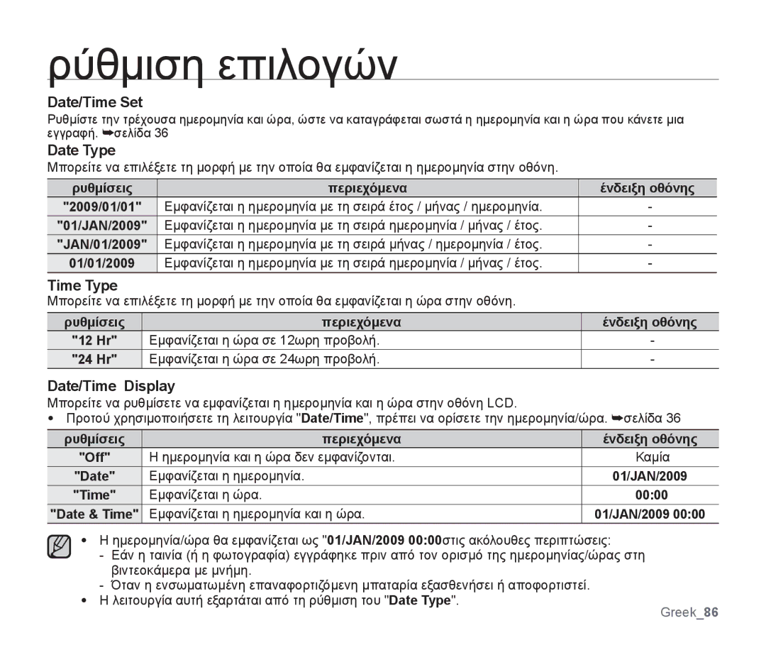 Samsung SMX-F30RP/EDC, SMX-F30SP/EDC, SMX-F30BP/EDC manual Date/Time Set, Date Type, Time Type, Date/Time Display, 0000 