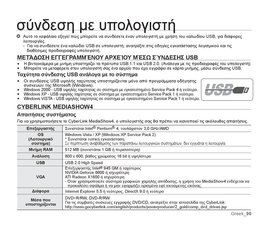 Samsung SMX-F34LP/EDC manual Σύνδεση με υπολογιστή, Μετάδοση Εγγεγραμμένου Αρχείου Μέσω Σύνδεσησ USB, Cyberlink MEDIASHOW4 