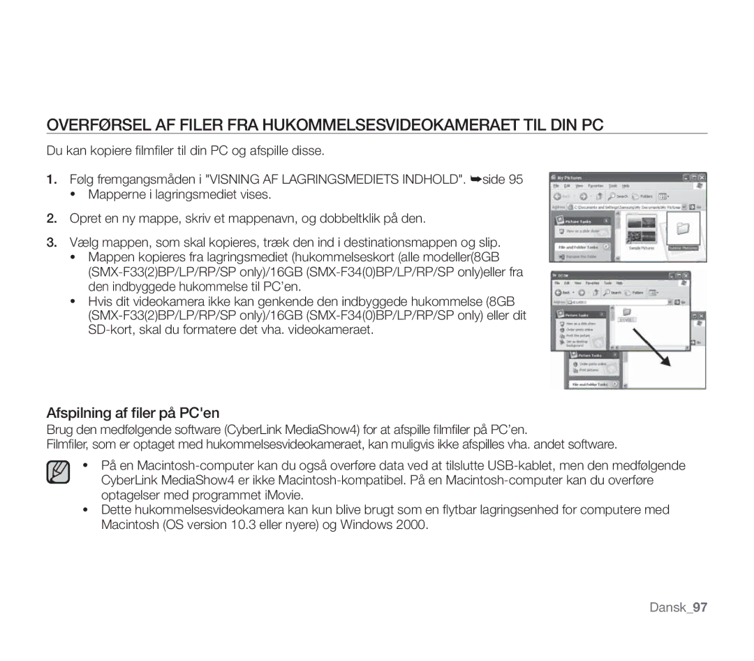 Samsung SMX-F30RP/EDC manual Overførsel AF Filer FRA Hukommelsesvideokameraet TIL DIN PC, Afspilning af ﬁler på PCen 