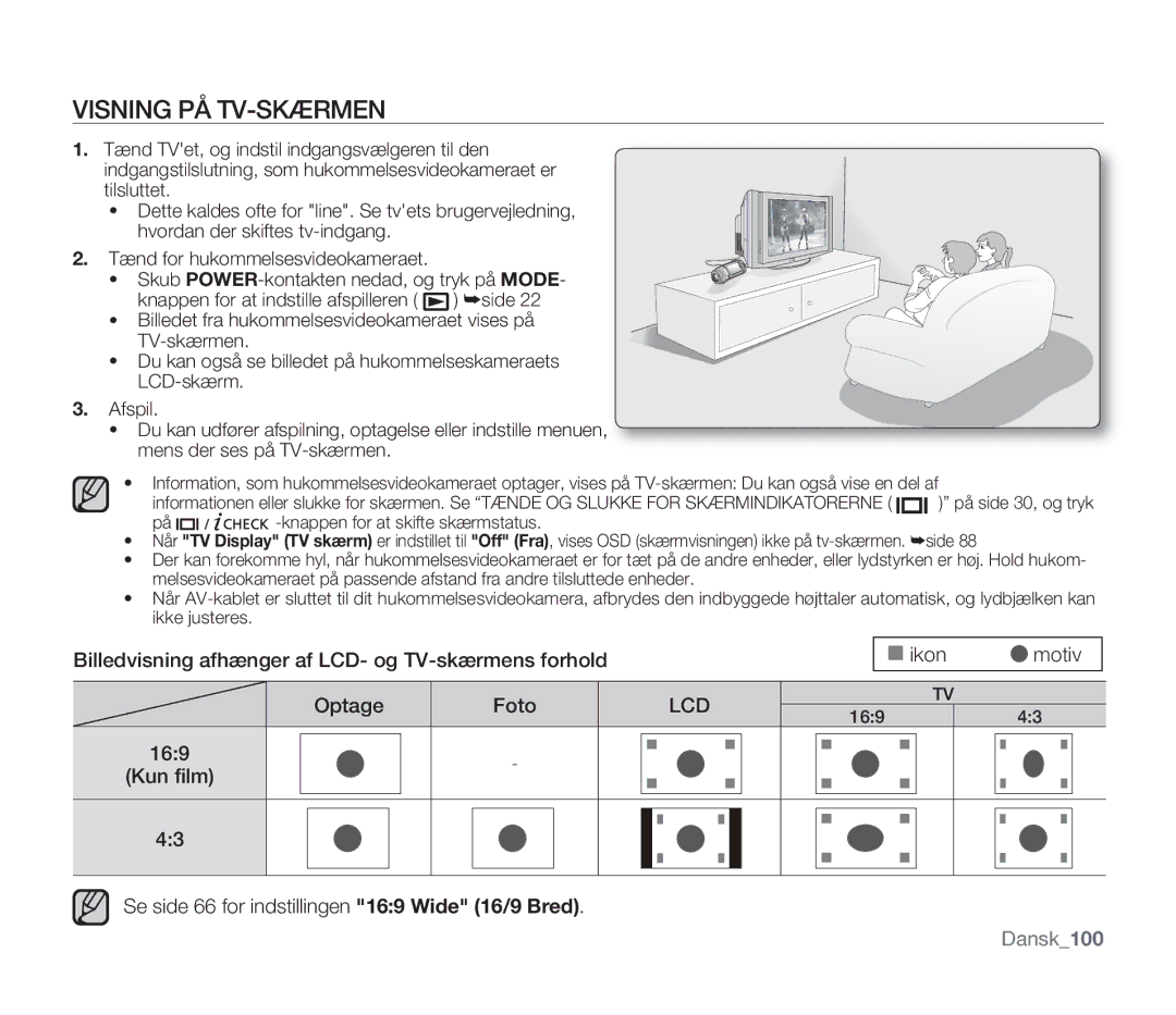 Samsung SMX-F300BP/EDC, SMX-F33BP/EDC manual Visning PÅ TV-SKÆRMEN, Kun ﬁlm Se side 66 for indstillingen 169 Wide 16/9 Bred 