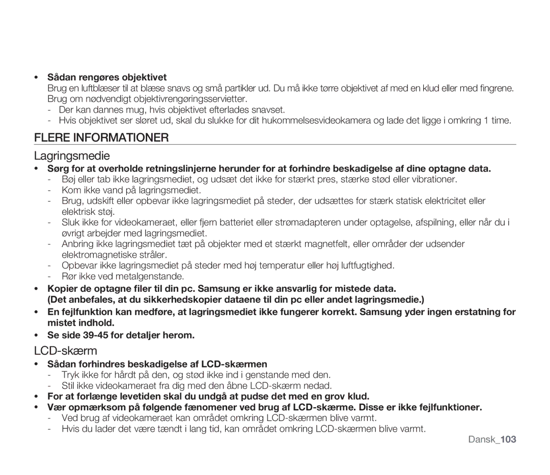 Samsung SMX-F30RP/EDC, SMX-F33BP/EDC manual Flere Informationer, Lagringsmedie, LCD-skærm, Sådan rengøres objektivet 