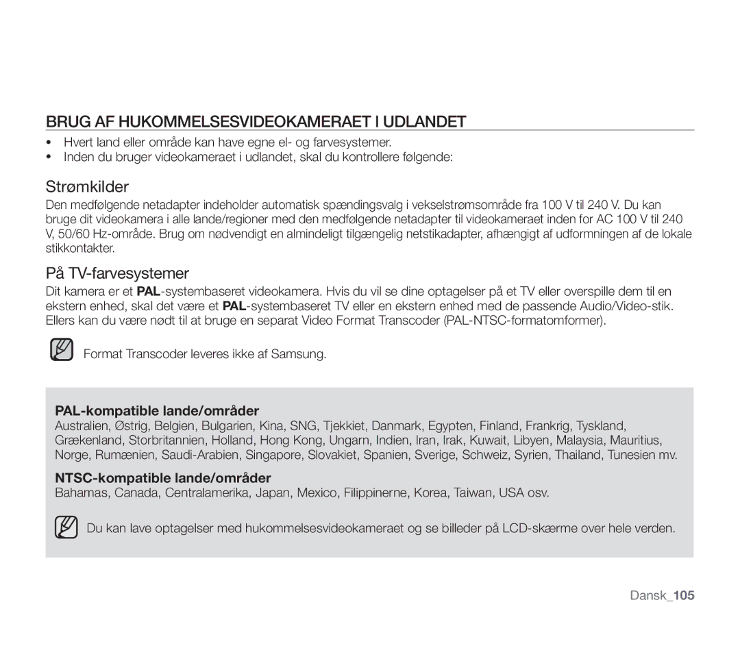 Samsung SMX-F34BP/EDC, SMX-F33BP/EDC manual Brug AF Hukommelsesvideokameraet I Udlandet, Strømkilder, På TV-farvesystemer 