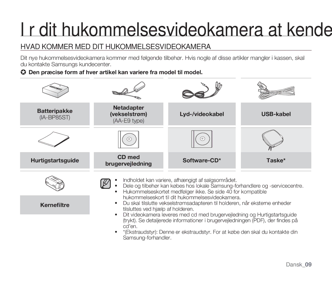 Samsung SMX-F34BP/EDC Hvad Kommer MED DIT Hukommelsesvideokamera, AA-E9 type, CD medSoftware-CD*Taske* brugervejledning 