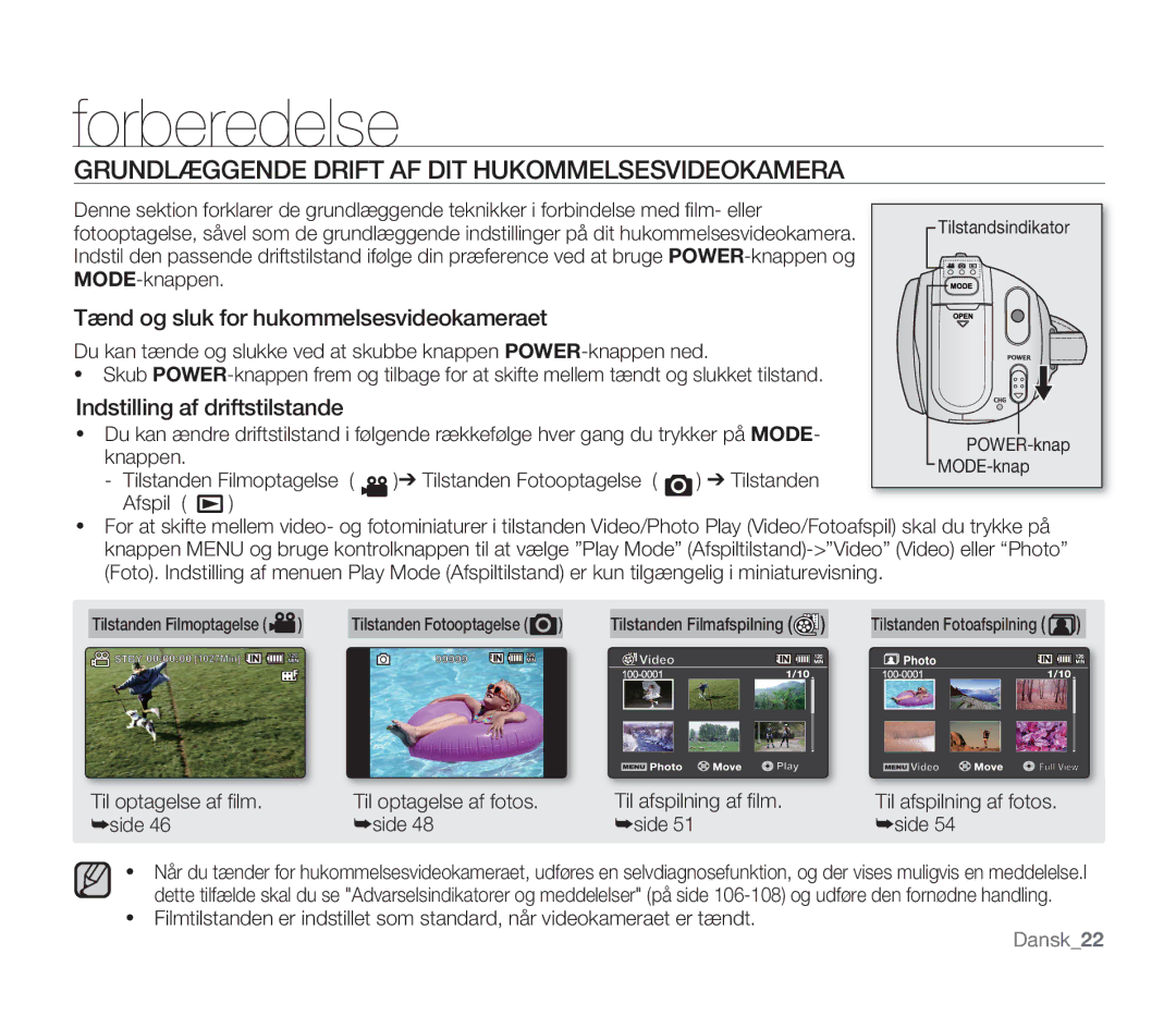 Samsung SMX-F300BP/EDC Grundlæggende Drift AF DIT Hukommelsesvideokamera, Tænd og sluk for hukommelsesvideokameraet, Side 