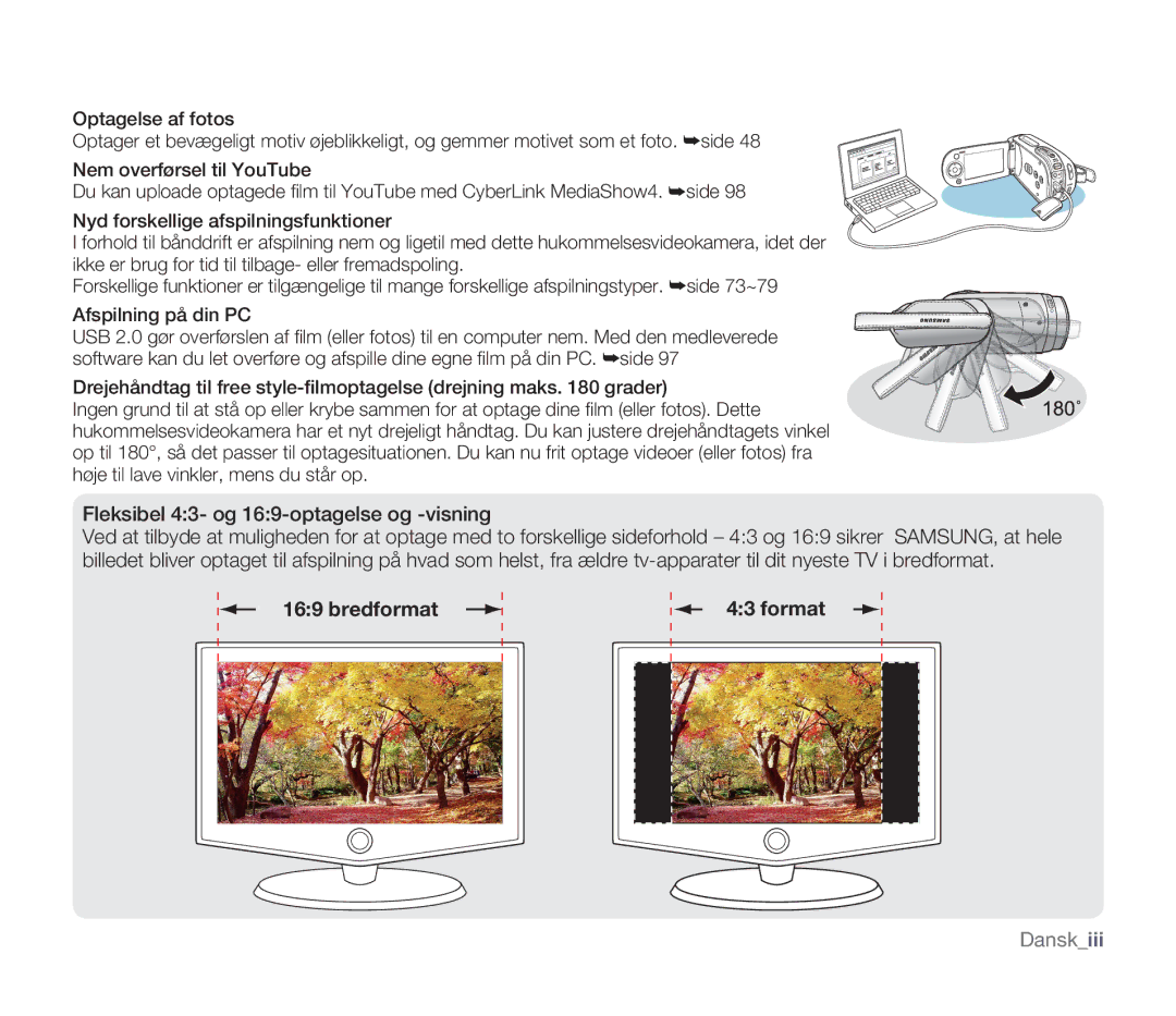 Samsung SMX-F34BP/EDC, SMX-F33BP/EDC, SMX-F30RP/EDC manual Fleksibel 43- og 169-optagelse og -visning, Bredformat Format 