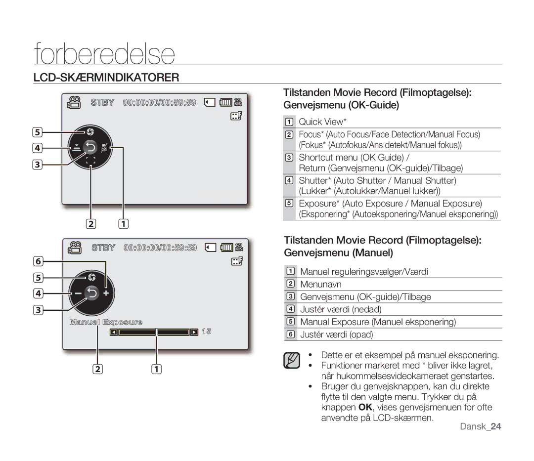 Samsung SMX-F33BP/EDC Tilstanden Movie Record Filmoptagelse Genvejsmenu OK-Guide, Quick View, Anvendte på LCD-skærmen 