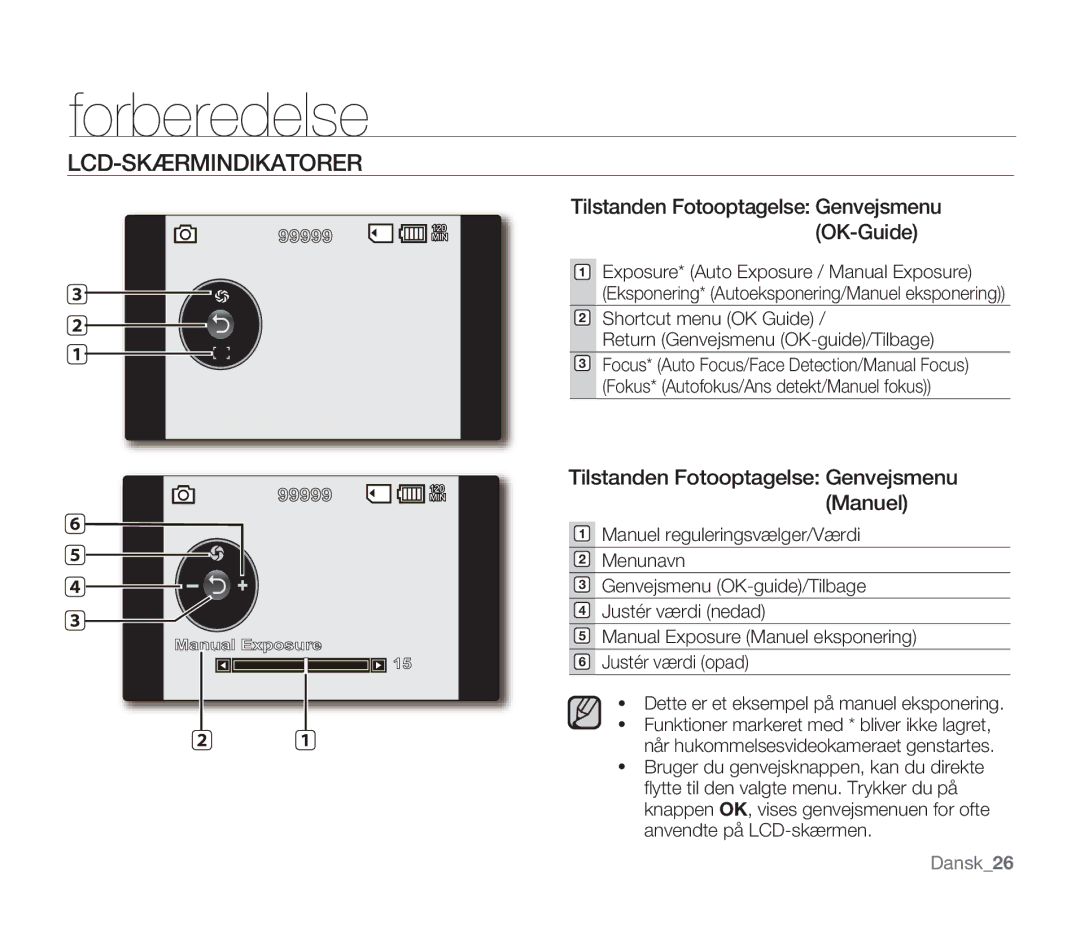 Samsung SMX-F30BP/EDC manual Tilstanden Fotooptagelse Genvejsmenu OK-Guide, Tilstanden Fotooptagelse Genvejsmenu Manuel 