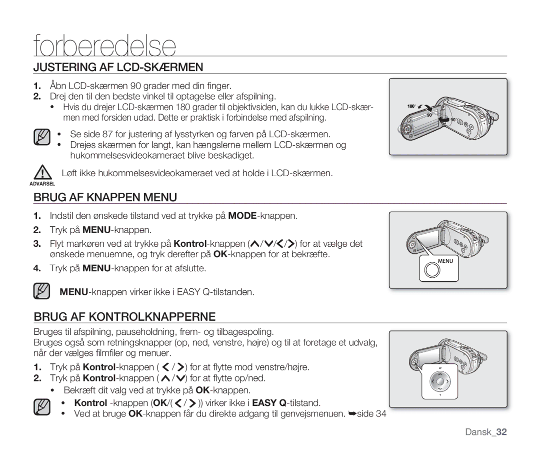 Samsung SMX-F30BP/EDC, SMX-F33BP/EDC manual Justering AF LCD-SKÆRMEN, Brug AF Knappen Menu, Brug AF Kontrolknapperne 