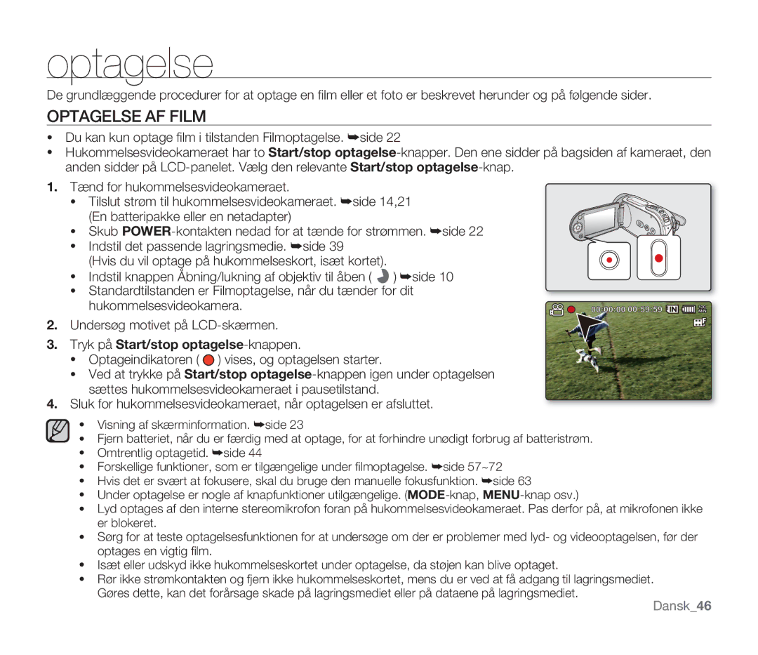 Samsung SMX-F300BP/EDC, SMX-F33BP/EDC, SMX-F30RP/EDC manual Optagelse AF Film, Tryk på Start/stop optagelse-knappen 