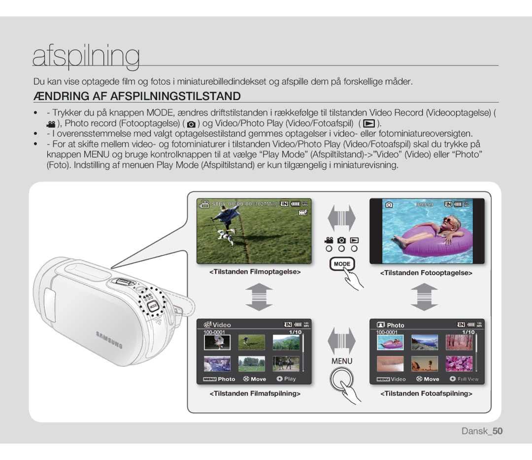 Samsung SMX-F30BP/EDC, SMX-F33BP/EDC, SMX-F30RP/EDC, SMX-F34BP/EDC, SMX-F300BP/EDC manual Ændring AF Afspilningstilstand 