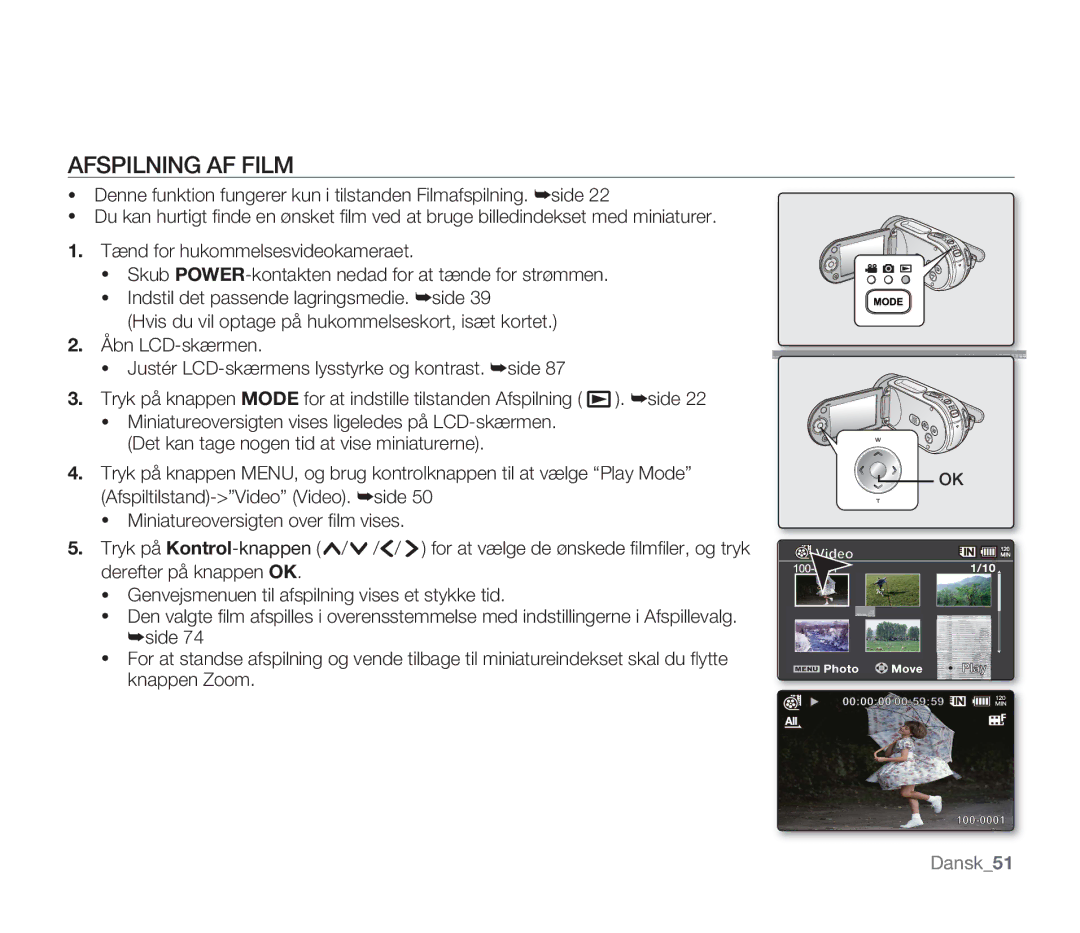 Samsung SMX-F34BP/EDC, SMX-F33BP/EDC, SMX-F30RP/EDC, SMX-F30BP/EDC, SMX-F300BP/EDC, SMX-F30LP/EDC manual Afspilning AF Film 