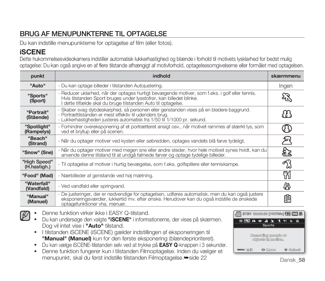 Samsung SMX-F300BP/EDC, SMX-F33BP/EDC, SMX-F30RP/EDC, SMX-F30BP/EDC manual Brug AF Menupunkterne TIL Optagelse, Iscene 