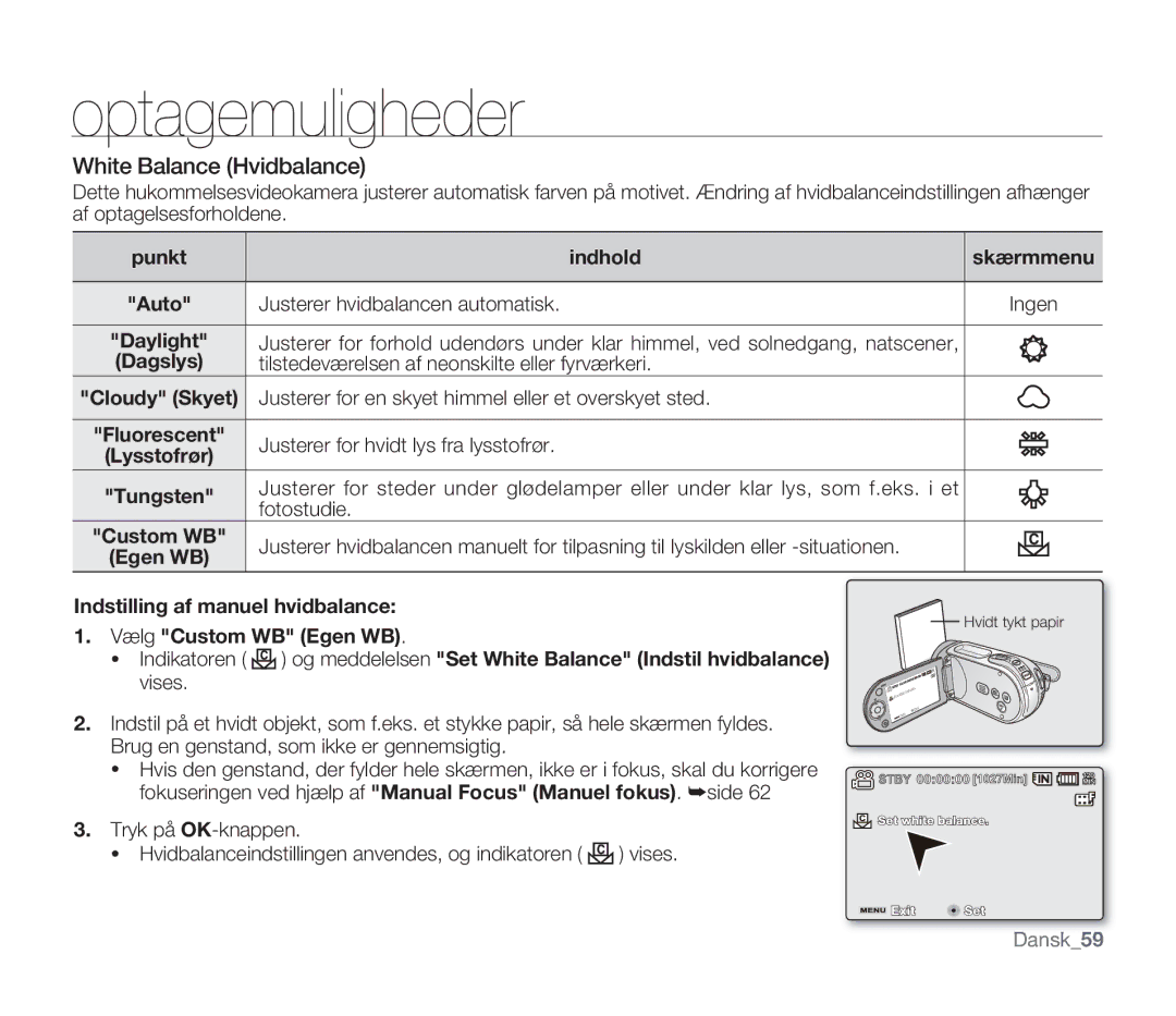 Samsung SMX-F30LP/EDC, SMX-F33BP/EDC, SMX-F30RP/EDC, SMX-F30BP/EDC, SMX-F34BP/EDC, SMX-F300BP/EDC White Balance Hvidbalance 