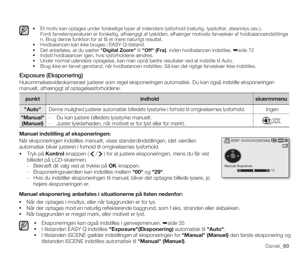 Samsung SMX-F33BP/EDC, SMX-F30RP/EDC manual Exposure Eksponering, Du kan justere billedets lysstyrke manuelt, Manuel 