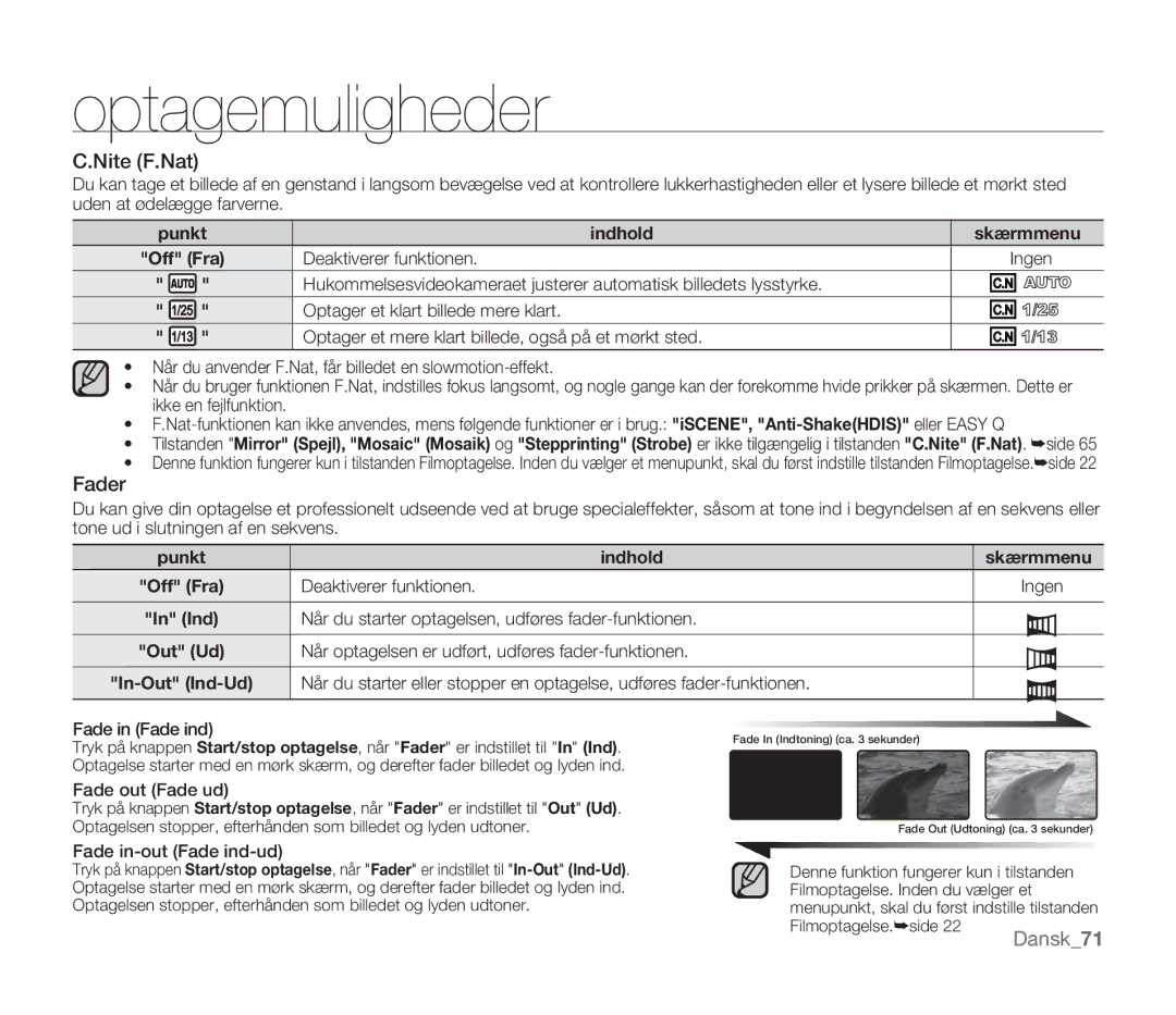 Samsung SMX-F30LP/EDC, SMX-F33BP/EDC, SMX-F30RP/EDC, SMX-F30BP/EDC, SMX-F34BP/EDC, SMX-F300BP/EDC manual Punkt Indhold Skærmmenu 