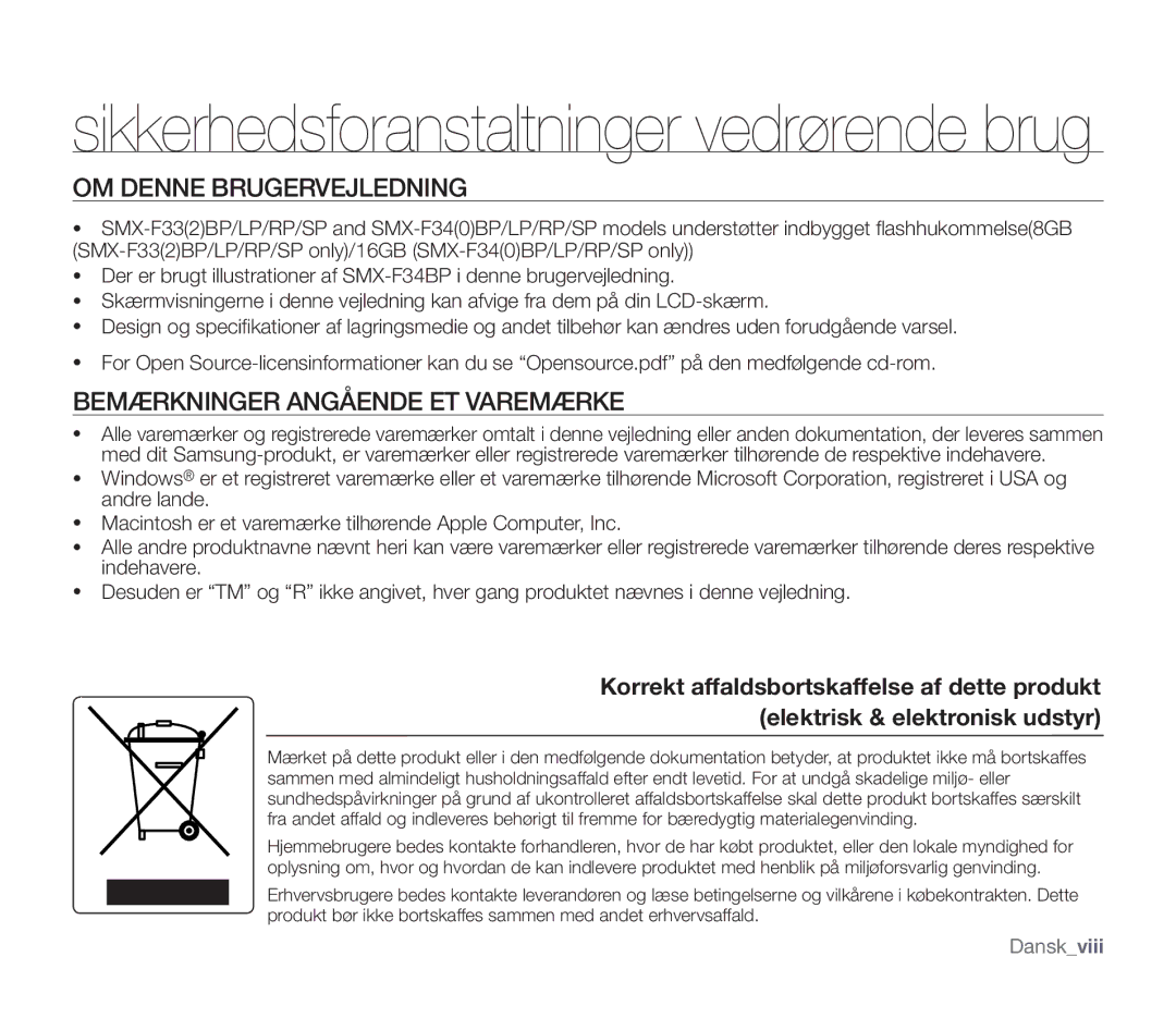 Samsung SMX-F30BP/EDC, SMX-F33BP/EDC, SMX-F30RP/EDC manual OM Denne Brugervejledning, Bemærkninger Angående ET Varemærke 