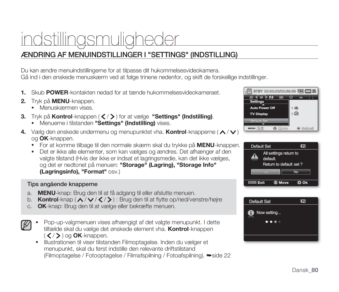 Samsung SMX-F30BP/EDC manual Indstillingsmuligheder, Ændring AF Menuindstillinger I Settings Indstilling, Og OK-knappen 