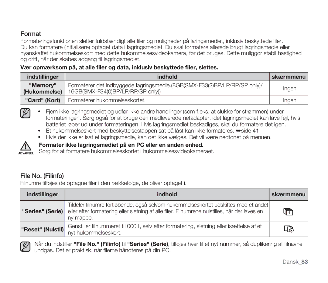 Samsung SMX-F30LP/EDC, SMX-F33BP/EDC manual File No. Filinfo, Formater ikke lagringsmediet på en PC eller en anden enhed 