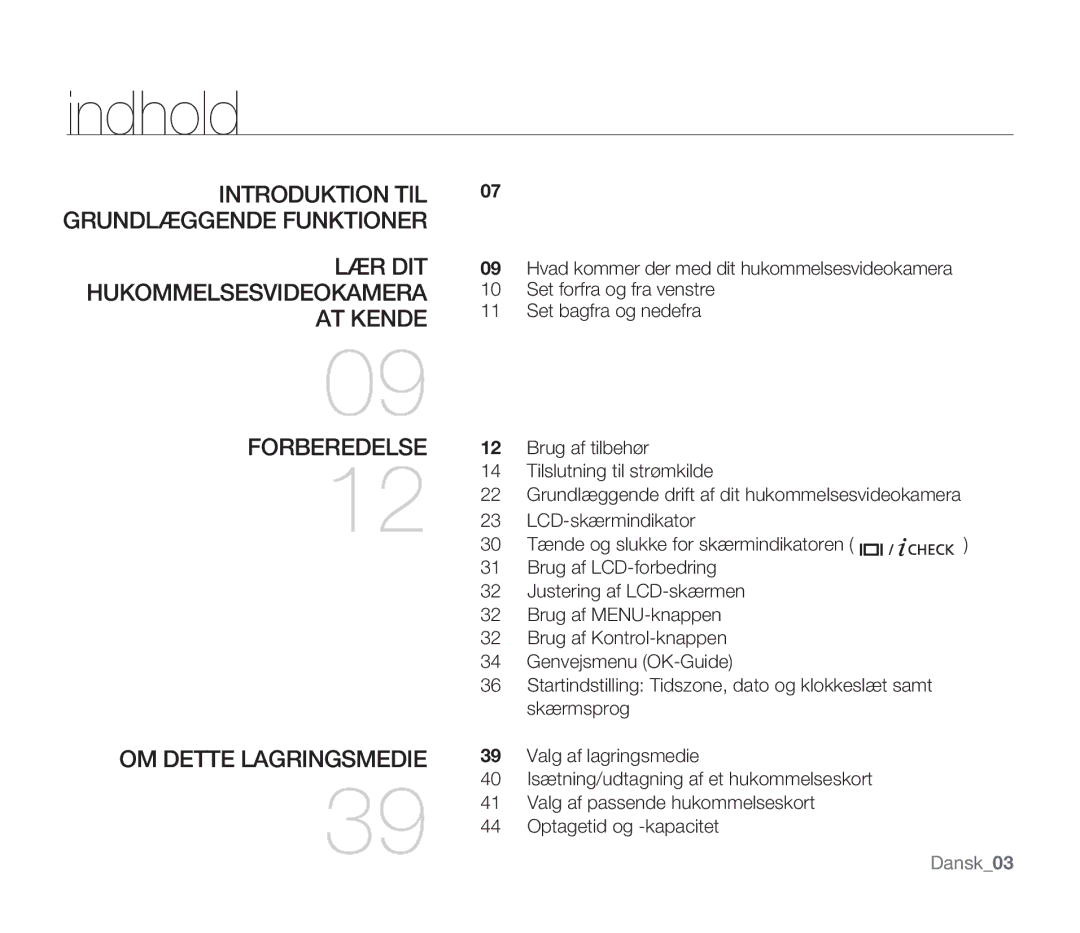 Samsung SMX-F34BP/EDC, SMX-F33BP/EDC manual Indhold, Grundlæggende Funktioner, OM Dette Lagringsmedie, LCD-skærmindikator 