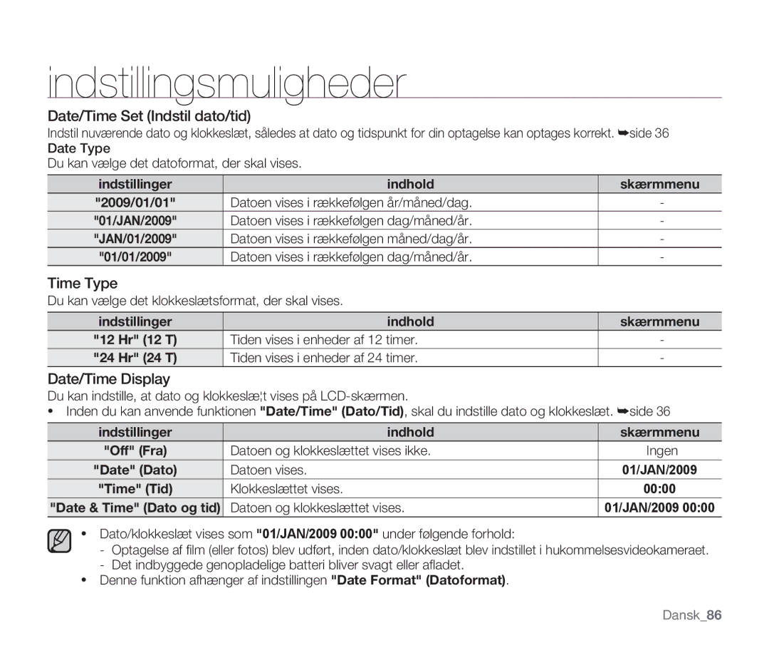 Samsung SMX-F30BP/EDC manual Date/Time Set Indstil dato/tid, Time Type, Date/Time Display, Indstillinger Indhold Skærmmenu 