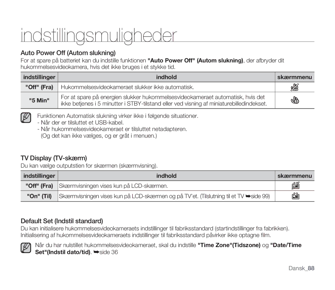 Samsung SMX-F300BP/EDC, SMX-F33BP/EDC Auto Power Off Autom slukning, TV Display TV-skærm, Default Set Indstil standard 