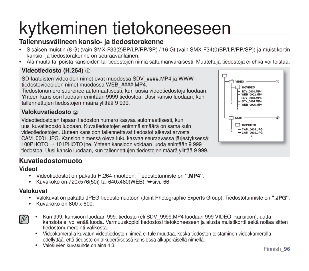 Samsung SMX-F33BP/EDC, SMX-F30RP/EDC, SMX-F30BP/EDC manual Tallennusvälineen kansio- ja tiedostorakenne, Kuvatiedostomuoto 