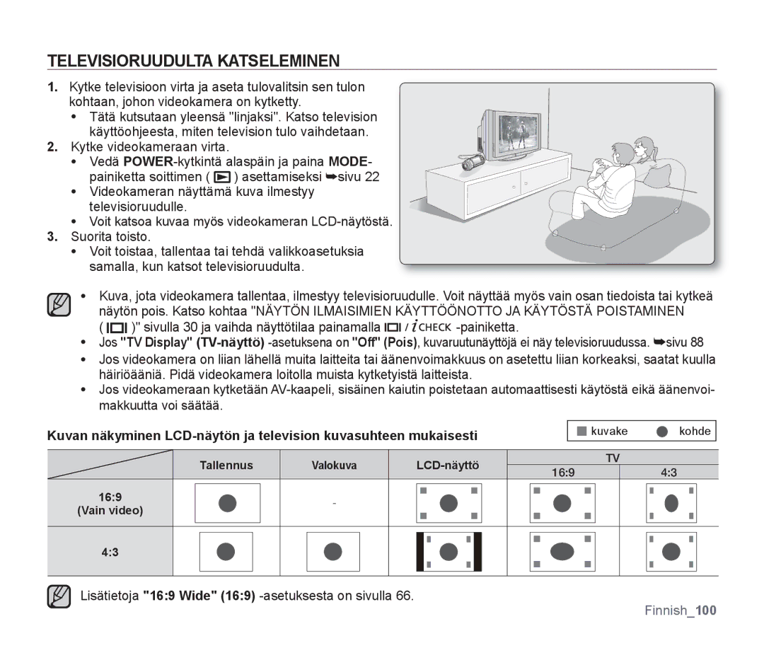 Samsung SMX-F300BP/EDC manual Televisioruudulta Katseleminen, Sivulla 30 ja vaihda näyttötilaa painamalla -painiketta 