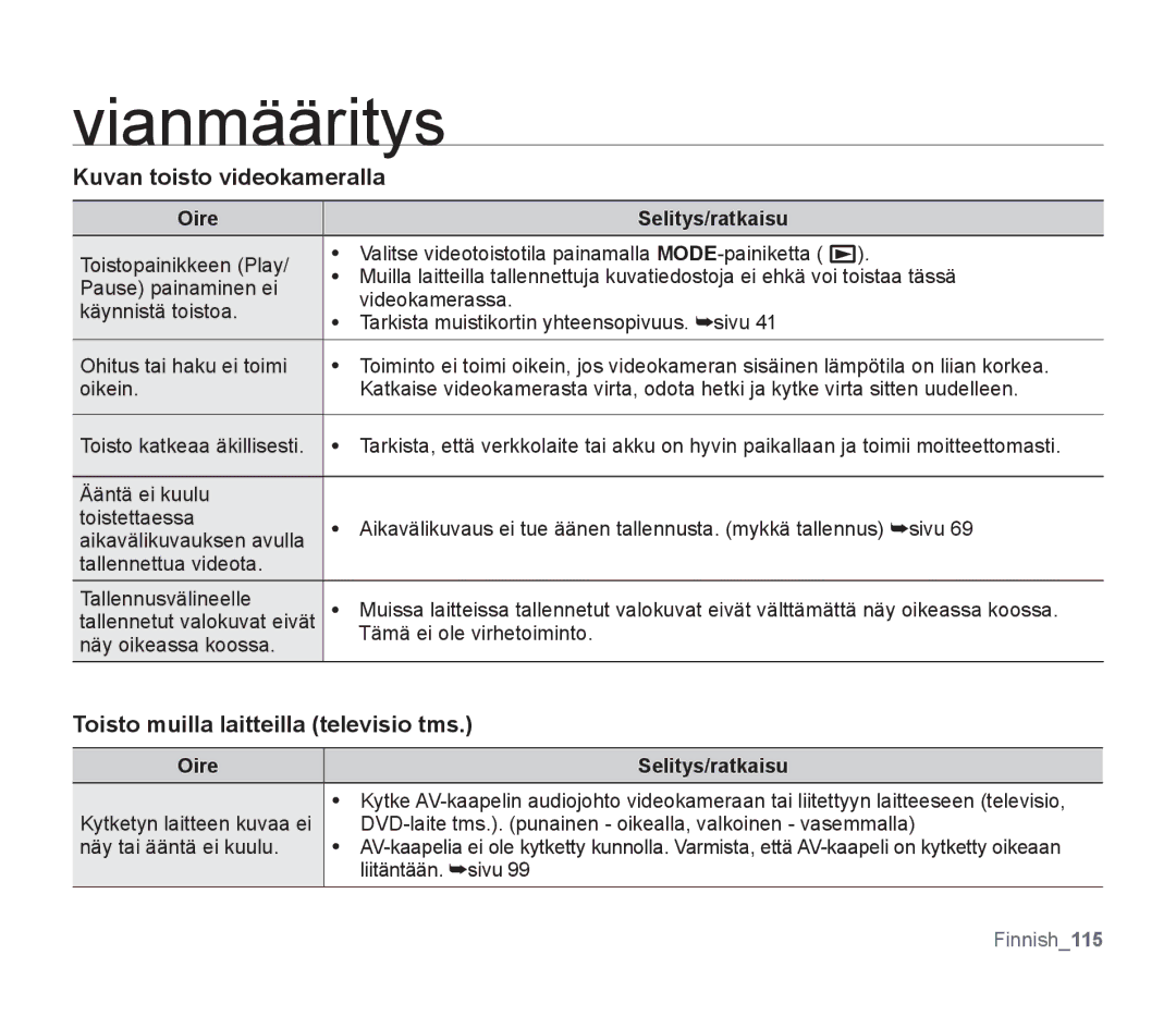 Samsung SMX-F30RP/EDC, SMX-F33BP/EDC Kuvan toisto videokameralla, Toisto muilla laitteilla televisio tms, Liitäntään. sivu 