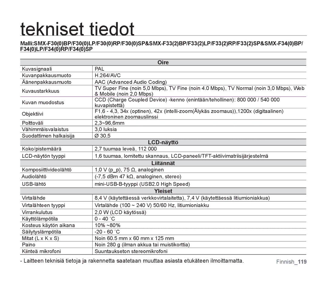 Samsung SMX-F30LP/EDC, SMX-F33BP/EDC, SMX-F30RP/EDC, SMX-F30BP/EDC, SMX-F34BP/EDC, SMX-F300BP/EDC manual Tekniset tiedot, Pal 