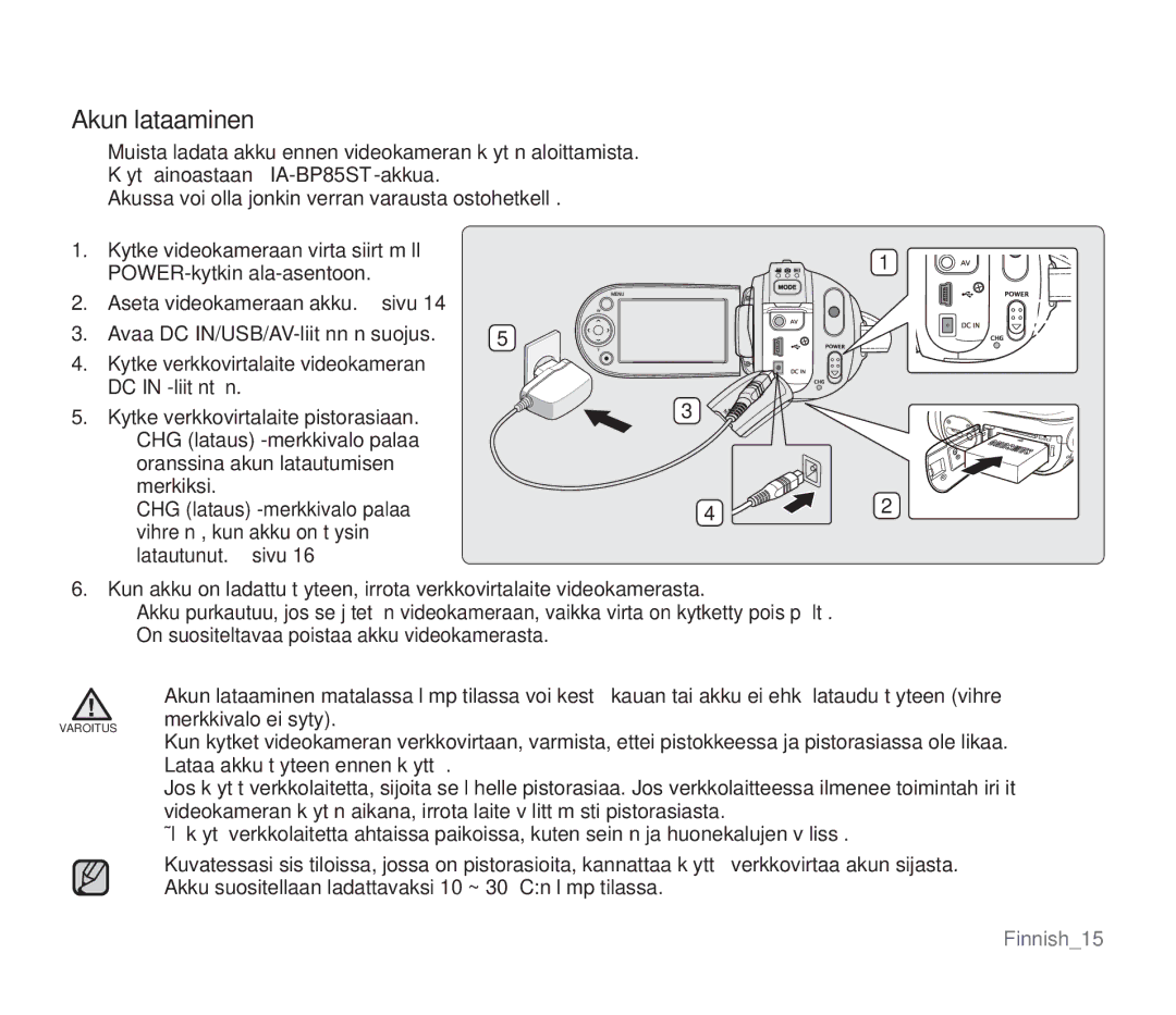 Samsung SMX-F34BP/EDC, SMX-F33BP/EDC, SMX-F30RP/EDC Akun lataaminen, Merkkivalo ei syty, Lataa akku täyteen ennen käyttöä 