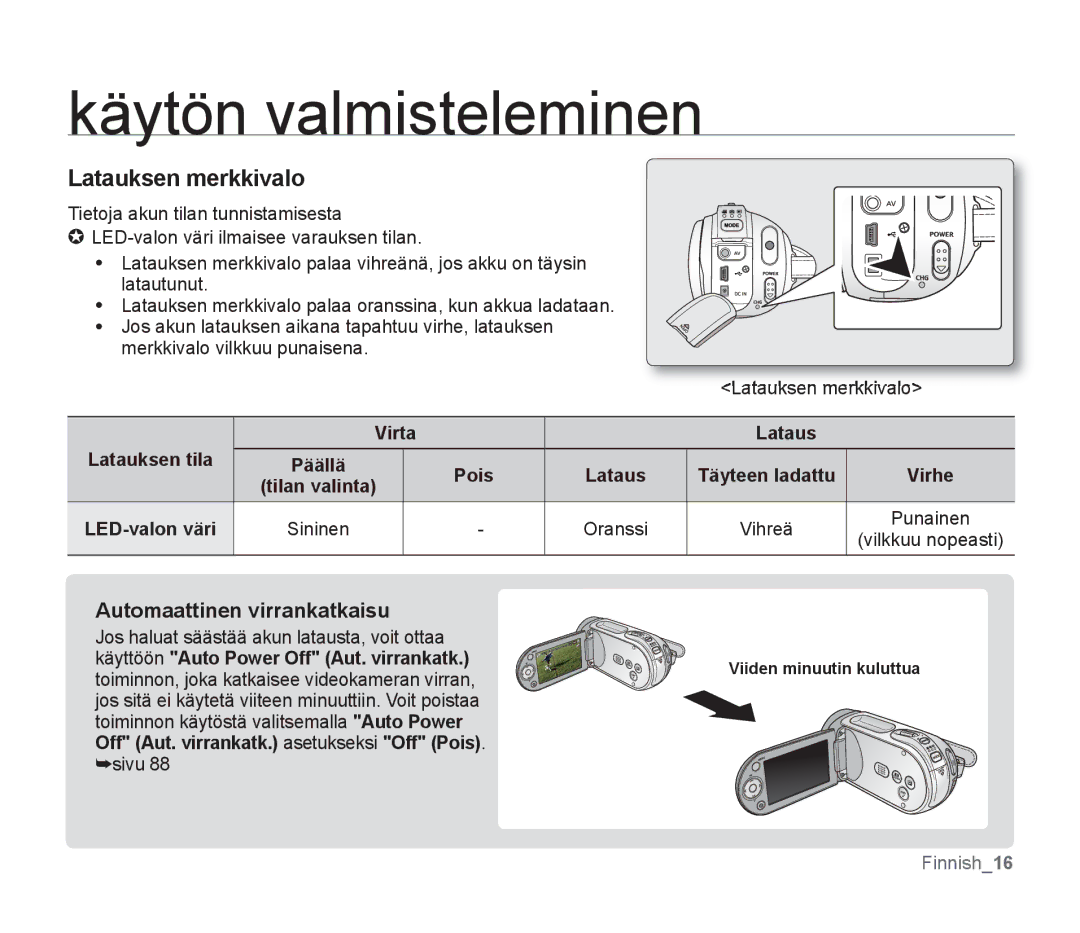 Samsung SMX-F300BP/EDC, SMX-F33BP/EDC, SMX-F30RP/EDC, SMX-F30BP/EDC manual Latauksen merkkivalo, Automaattinen virrankatkaisu 