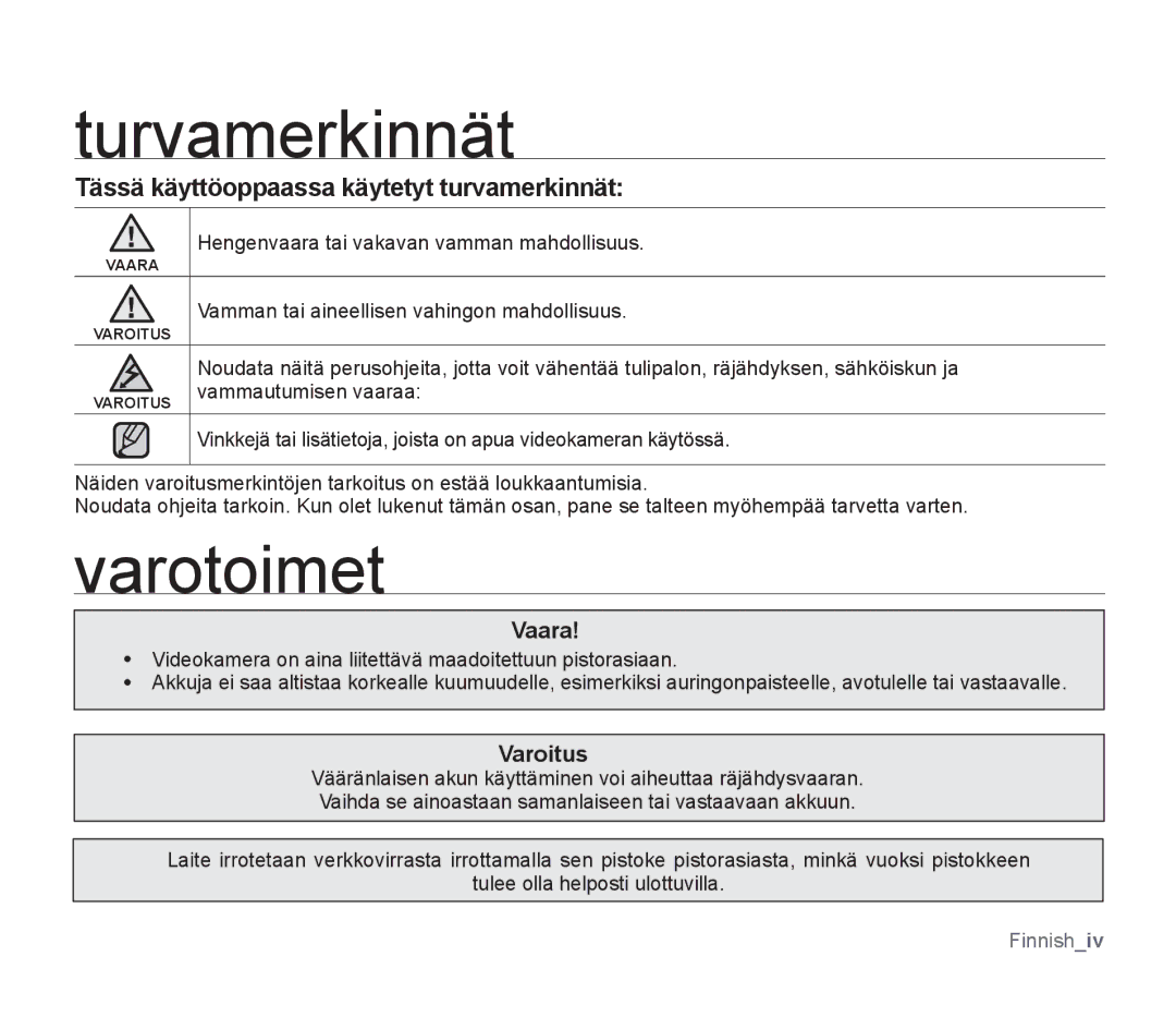 Samsung SMX-F300BP/EDC manual Turvamerkinnät, Varotoimet, Tässä käyttöoppaassa käytetyt turvamerkinnät, Vaara, Varoitus 