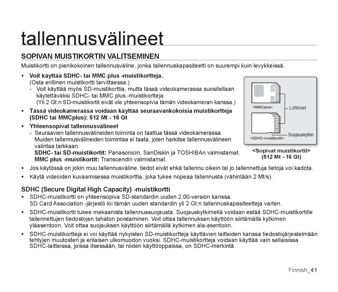 Samsung SMX-F30LP/EDC, SMX-F33BP/EDC Sopivan Muistikortin Valitseminen, Sdhc Secure Digital High Capacity -muistikortti 