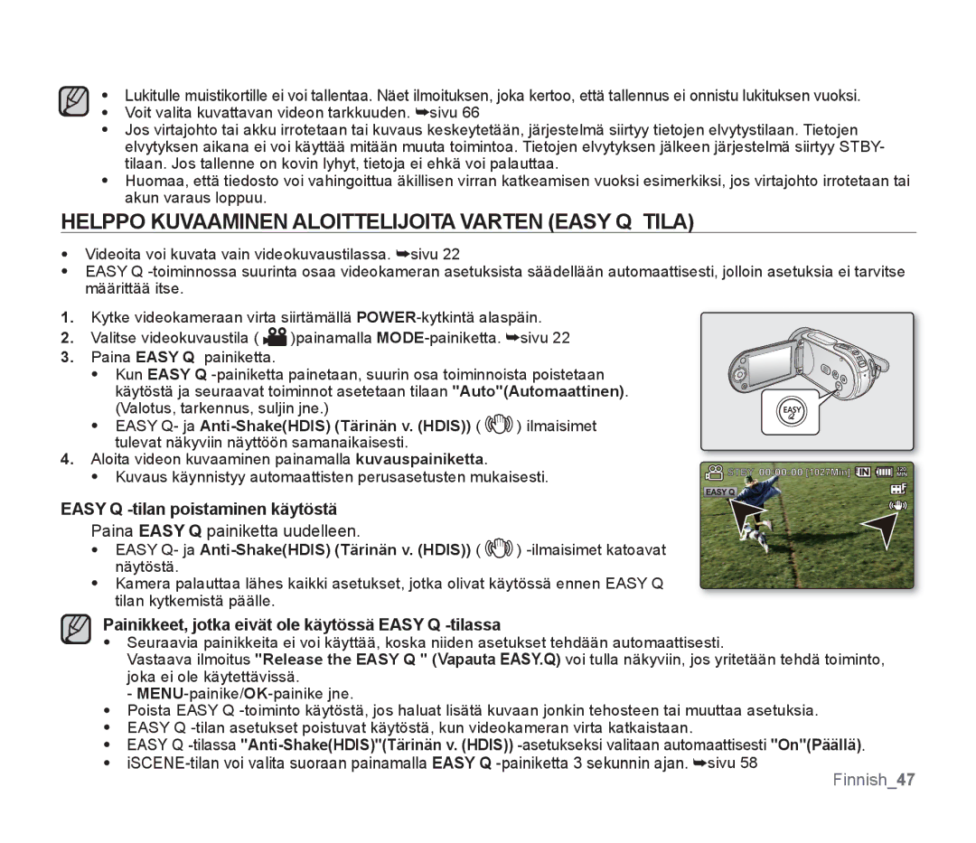 Samsung SMX-F30LP/EDC manual Helppo Kuvaaminen Aloittelijoita Varten Easy Q Tila, Easy Q -tilan poistaminen käytöstä 