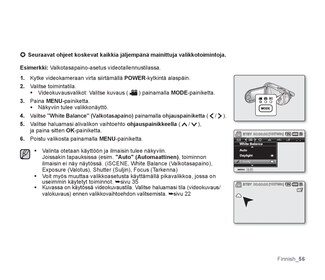 Samsung SMX-F30BP/EDC, SMX-F33BP/EDC, SMX-F30RP/EDC, SMX-F34BP/EDC, SMX-F300BP/EDC, SMX-F30LP/EDC manual Finnish56 