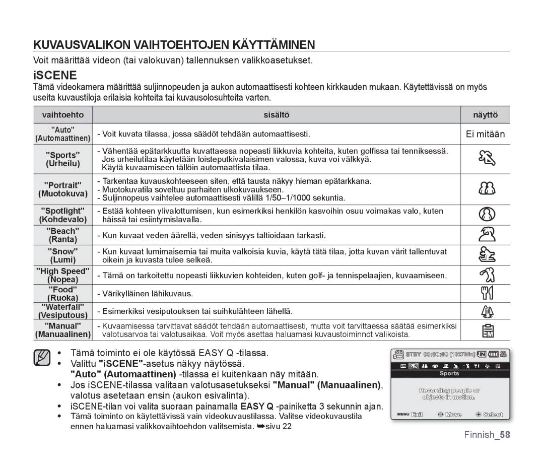 Samsung SMX-F300BP/EDC, SMX-F33BP/EDC, SMX-F30RP/EDC manual Kuvausvalikon Vaihtoehtojen Käyttäminen, Iscene, Ei mitään 