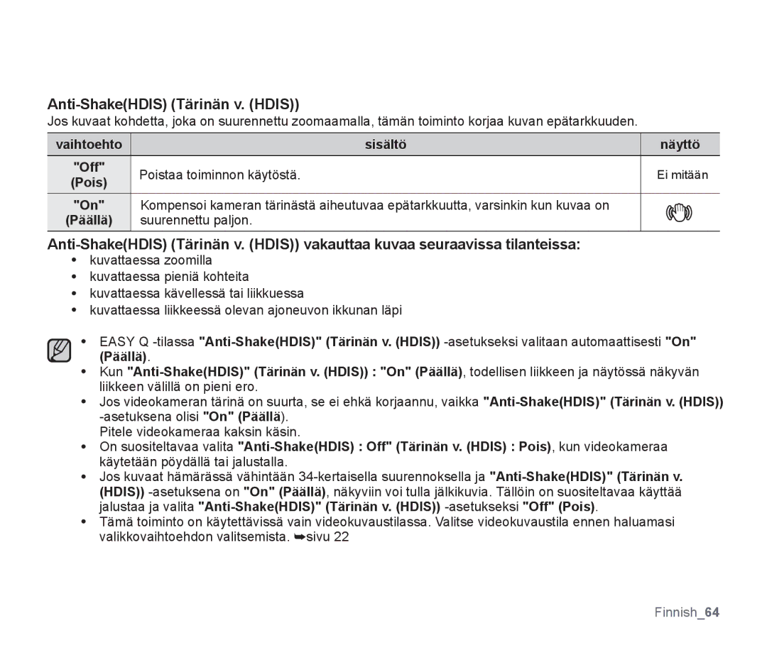 Samsung SMX-F300BP/EDC Anti-ShakeHDIS Tärinän v. Hdis, Sisältö Näyttö Off Poistaa toiminnon käytöstä, Suurennettu paljon 