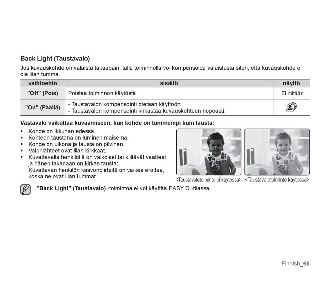 Samsung SMX-F30BP/EDC, SMX-F33BP/EDC, SMX-F30RP/EDC, SMX-F34BP/EDC, SMX-F300BP/EDC, SMX-F30LP/EDC manual Back Light Taustavalo 